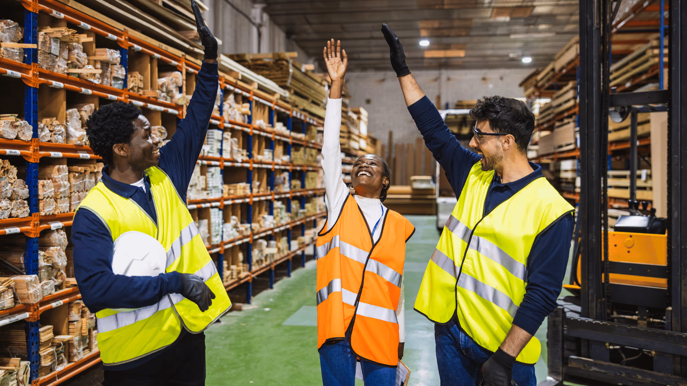 Three warehouse workers in safety vests smiling and giving each other high fives in an aisle filled with stacked wooden materials.