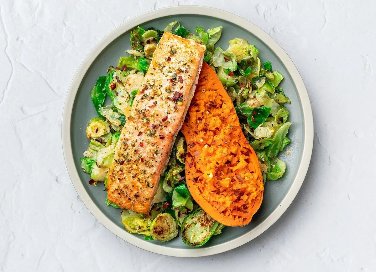 Roasted Salmon + Sweet Potato On Brussels