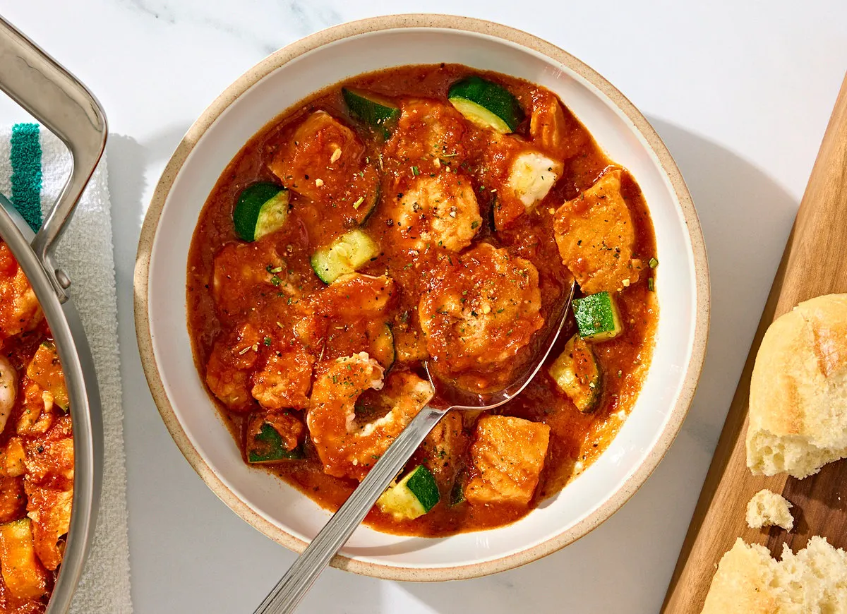 One-Pan Seafood Cioppino with Garlic Bread