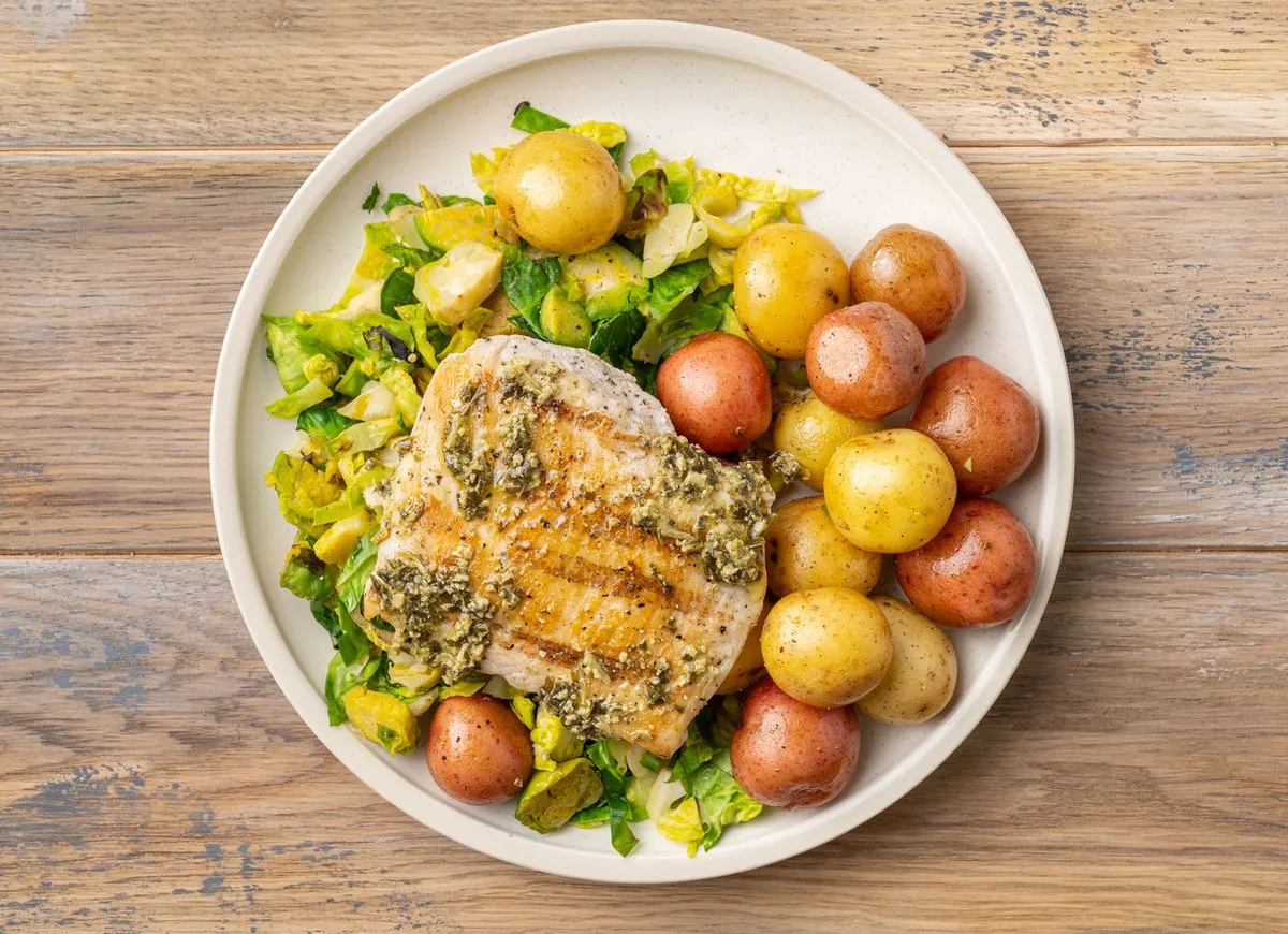 Grilled Pesto Chicken with Crispy Brussels