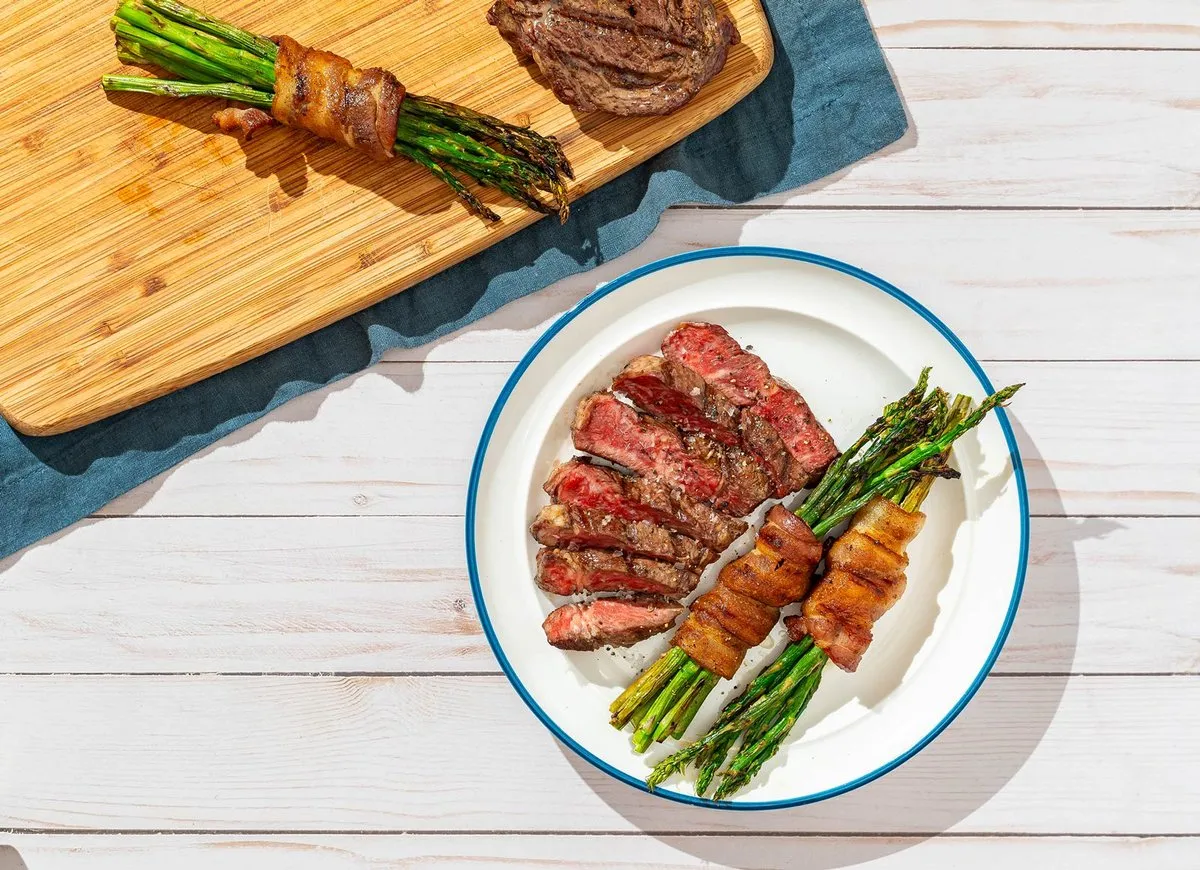 Grilled Ribeye Steak + Bacon-Wrapped Asparagus