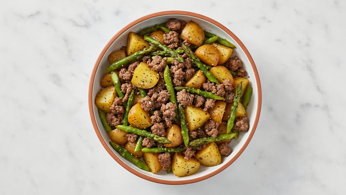 Honey Herb-Seasoned Ground Beef Bowl with Fresh Asparagus + Yellow Potatoes