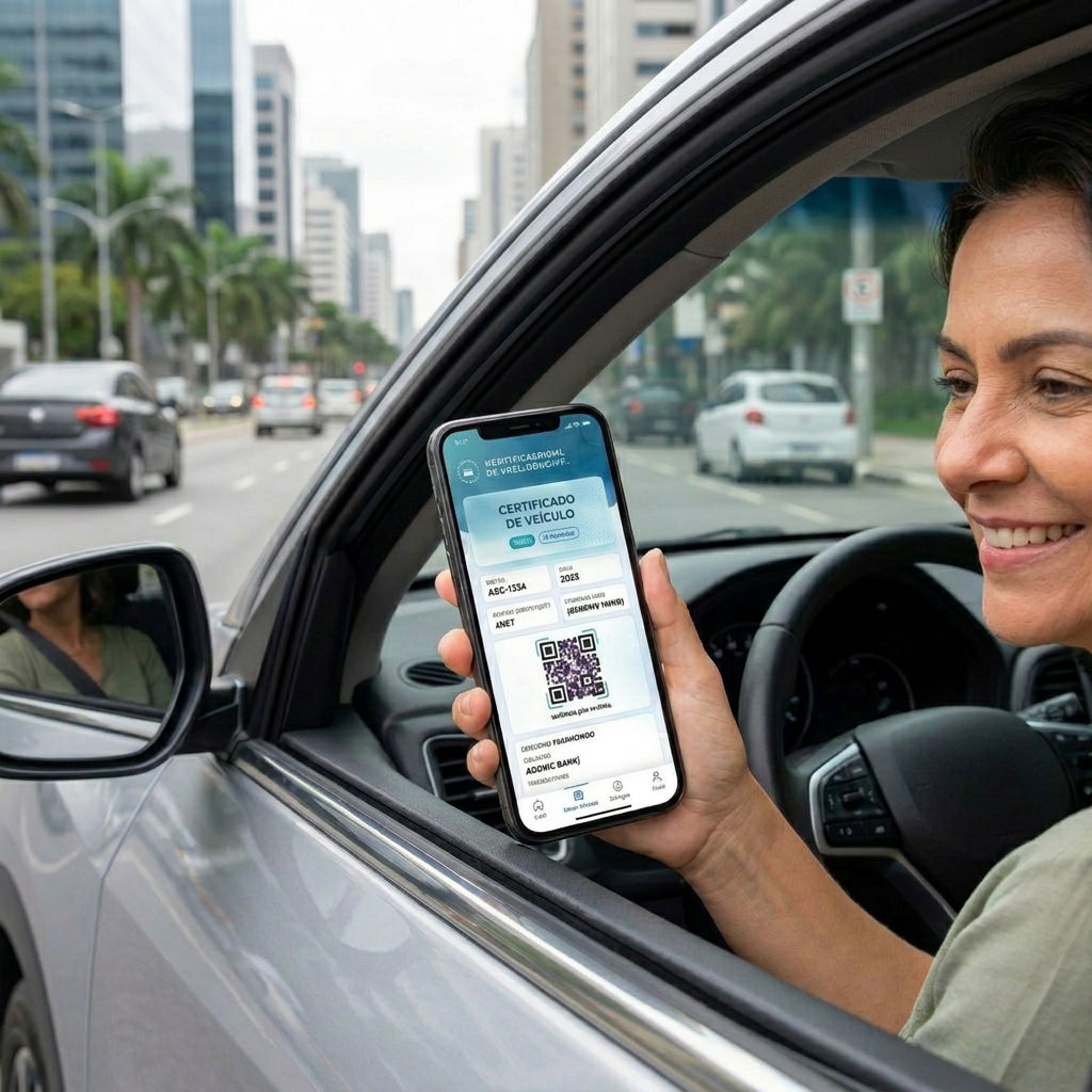 Mulher no carro mostra celular com documento digital CRLV-e liberado online.