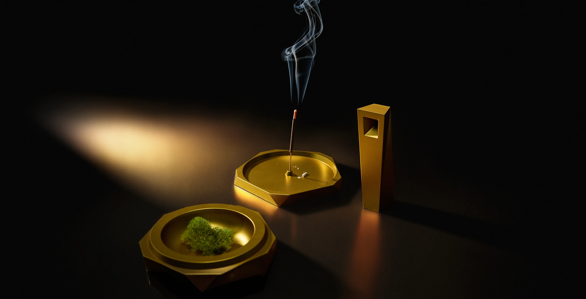 gold Radiance Vesta magnetic vessel and gold Radiance Tempest magnetic cooling pipe, designer ashtray and pipe set with incense smoke, brutalist geometric smoking accessories on dark surface