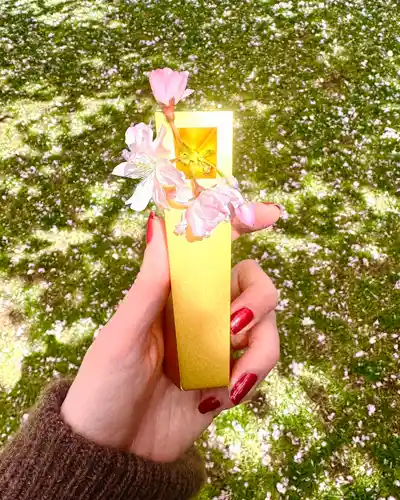 Gold Radiance Tempest pipe held with flowers against sunlit grassy background