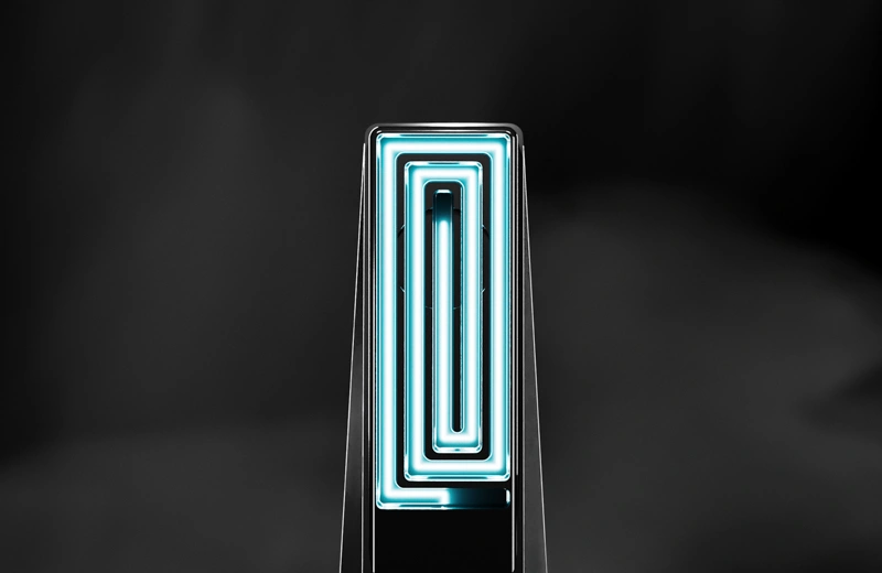 Tempest pipe labyrinth cooling channel illuminated with glowing blue airflow path