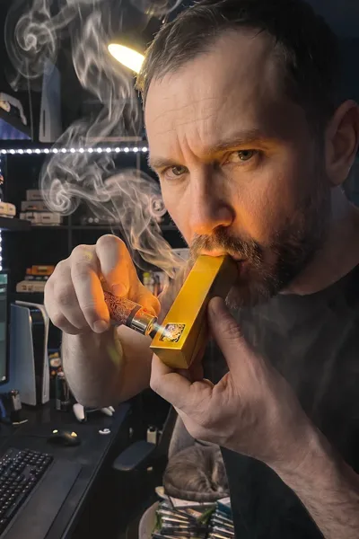 Gold Radiance Tempest pipe used by person at gaming desk with smoke and RGB lighting