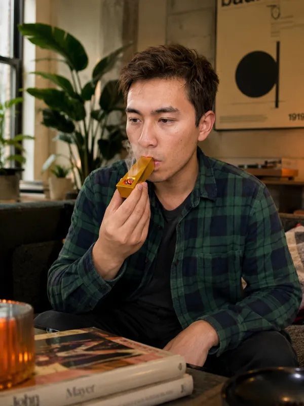 Man using a gold Tempest pipe indoors showing minimalist design and geometric bowl shape