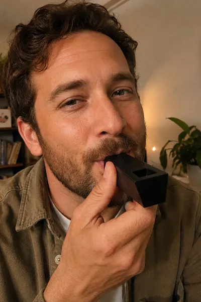 Man using a black Tempest pipe indoors showcasing modern aluminum design