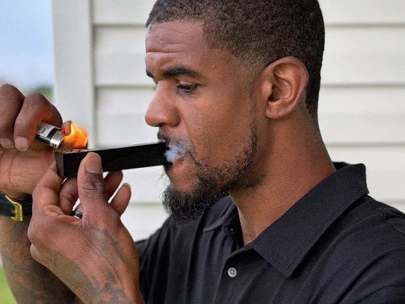 Man lighting the bowl of a black Tempest Abyss pipe outdoors beside house