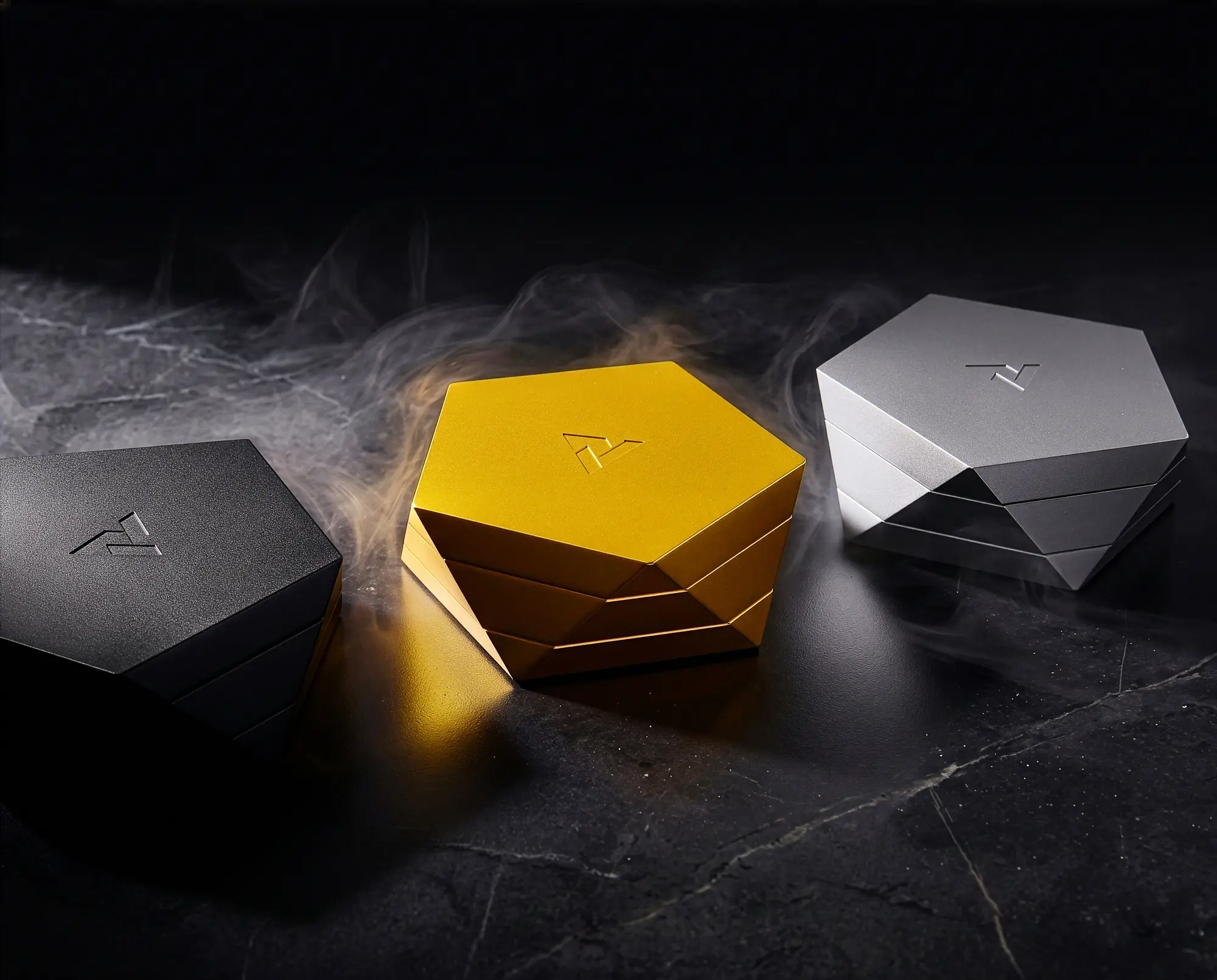 Vesta collection in anodized finishes with geometric form and precision-machined aluminum construction