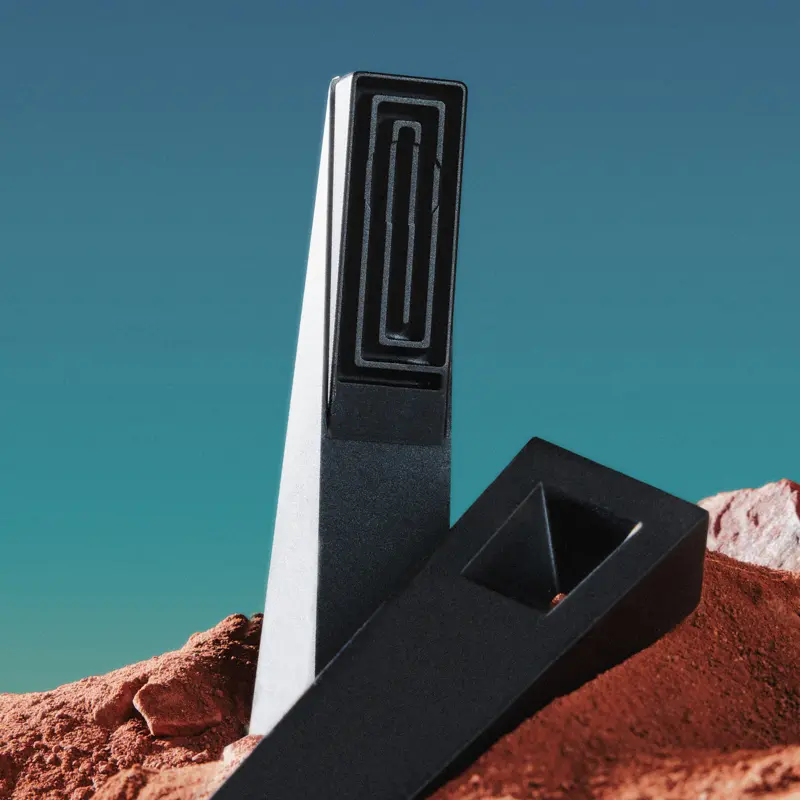 Black Tempest pipe displayed on red desert rock with exposed magnetic labyrinth interior