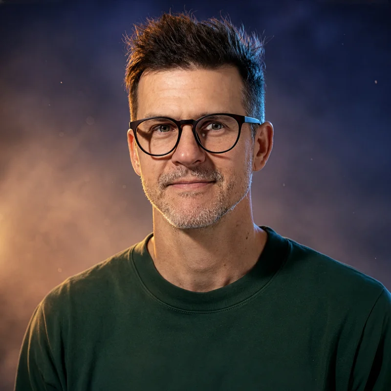 Artifact founder portrait with cinematic studio lighting and atmospheric background