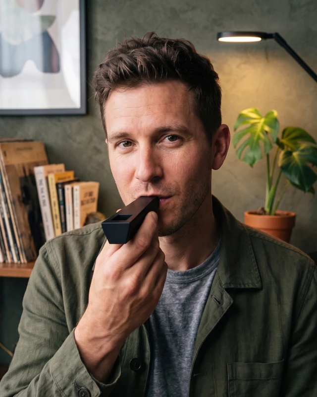 Person using black Tempest magnetic pipe in modern interior setting with plants and bookshelves
