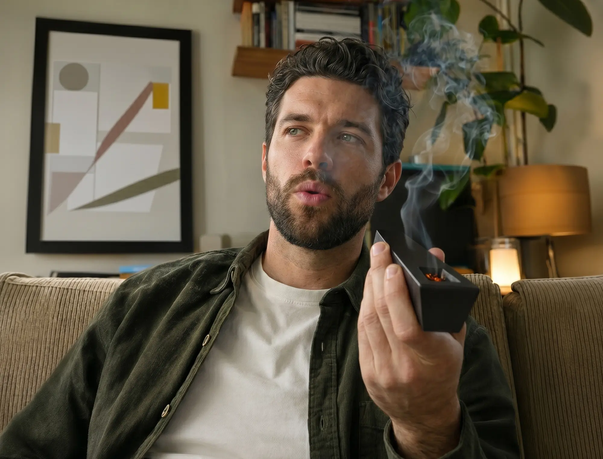 Man taking a hit from black Tempest Abyss magnetic pipe indoors with visible smoke and modern home setting