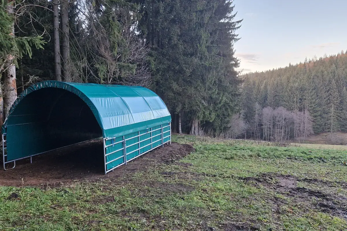 Mobilní přístřešek se zelenou plachtou na pastvině u lesa