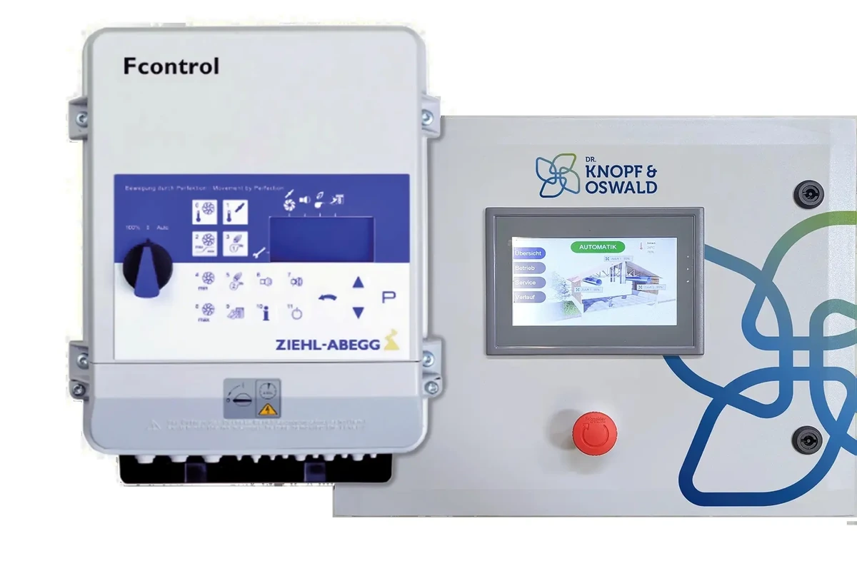 Řídicí jednotky tubusové ventilace Ziehl-Abegg Fcontrol a Knopf & Oswald s dotykovým panelem