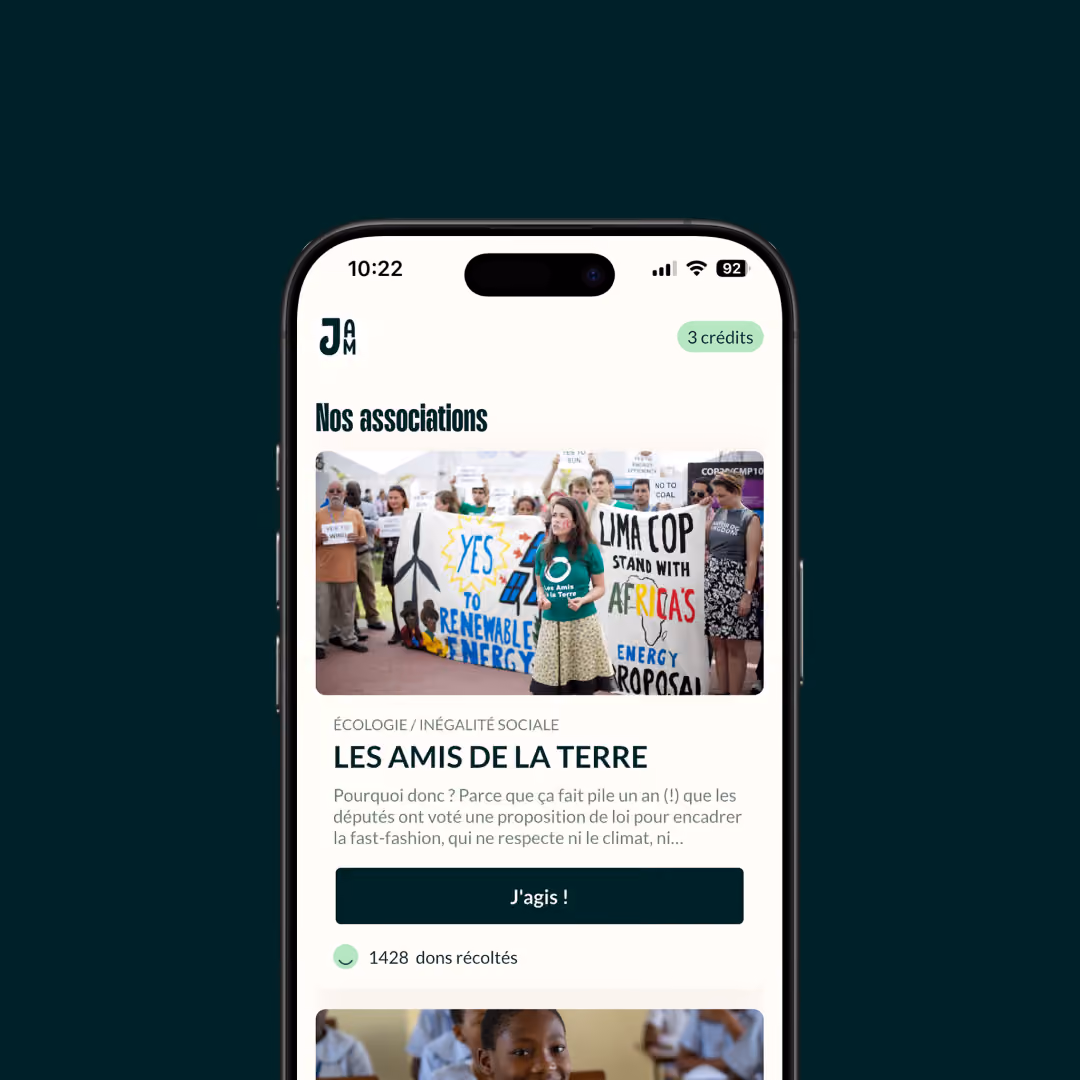 Jam Solidaire, écran associations et CTA J’agis