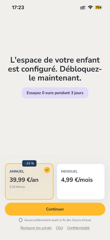 Paywall Parentis, essai 3 jours, offre annuelle et mensuelle