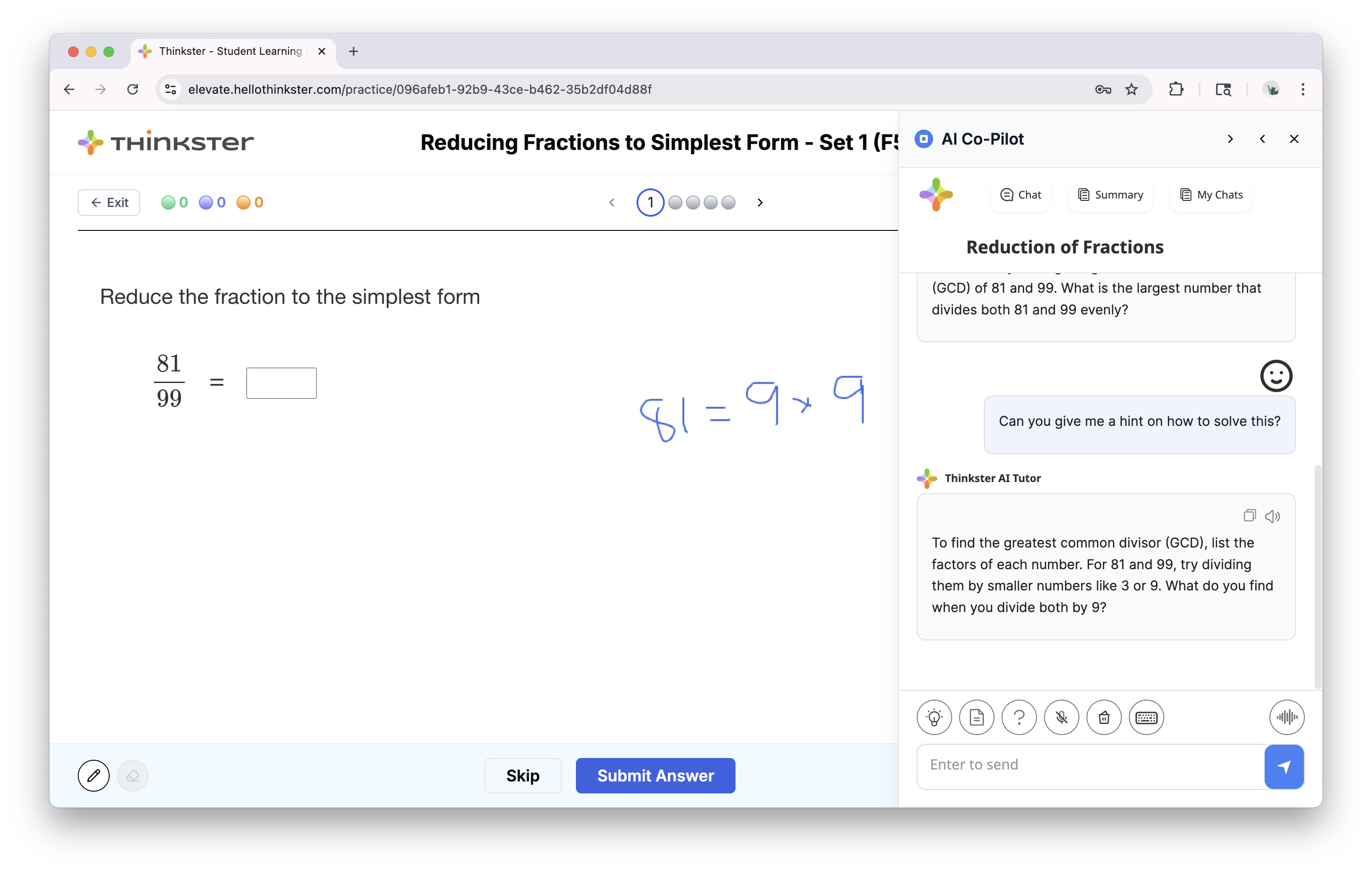 Online math practice showing fraction 81 over 99 to reduce, with AI tutor chat hinting to find factors.