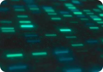 Abstract digital pattern of glowing rectangular bars in green and blue on a dark background.