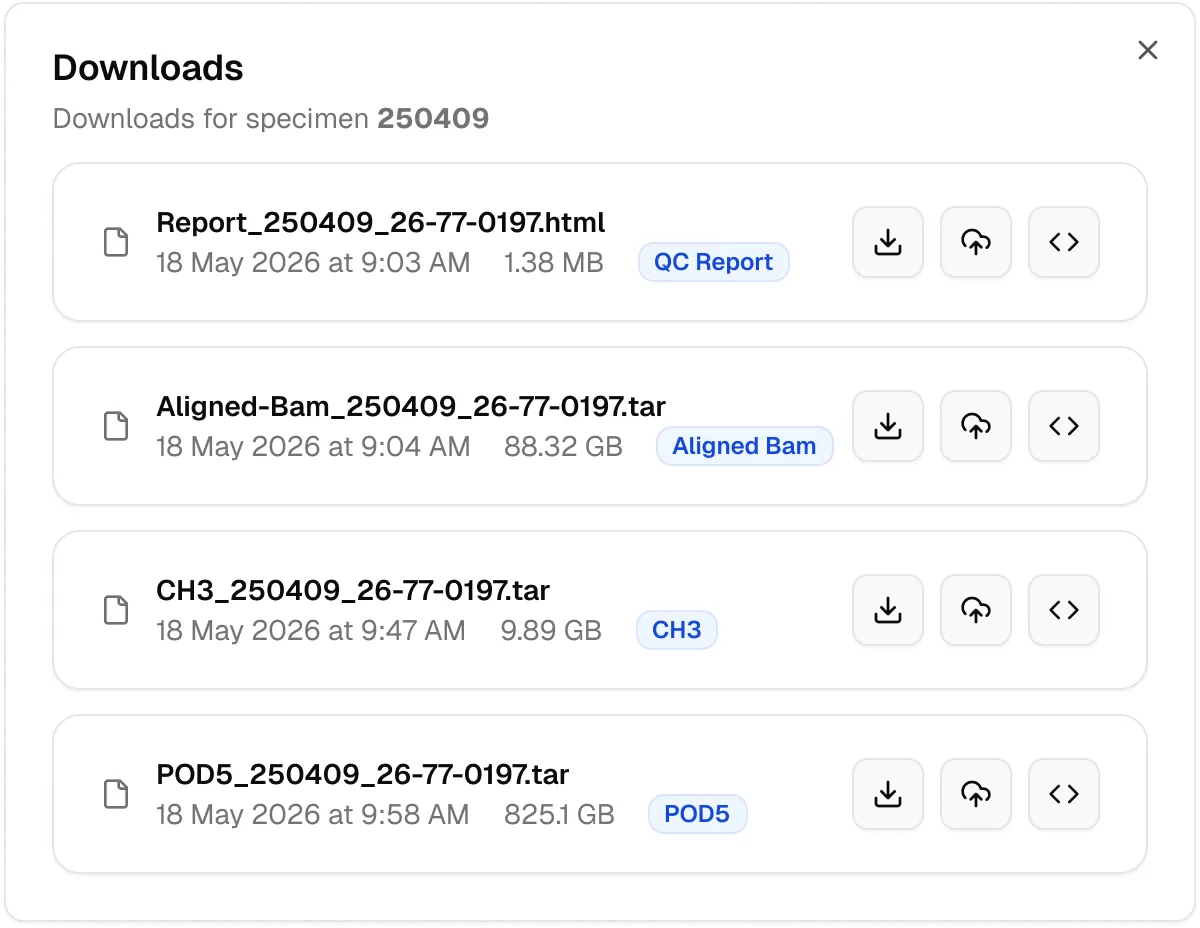 Download panel showing four files for specimen 250409 with names, sizes, dates, and download options.