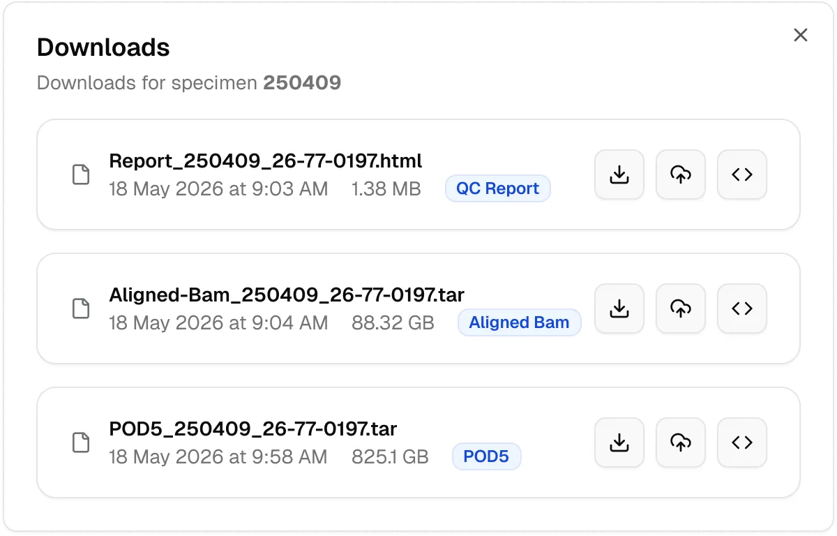 Download modal showing files Report, Aligned Bam, and POD5 for specimen 250409 with dates and sizes.