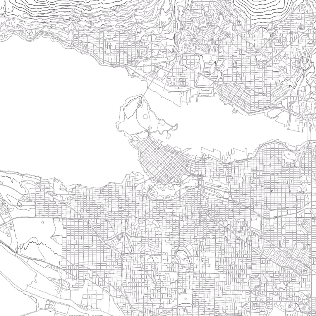 Detailed black and white street map of Vancouver, showing intricate networks of roads, parks, and water bodies including the prominent central water inlet.