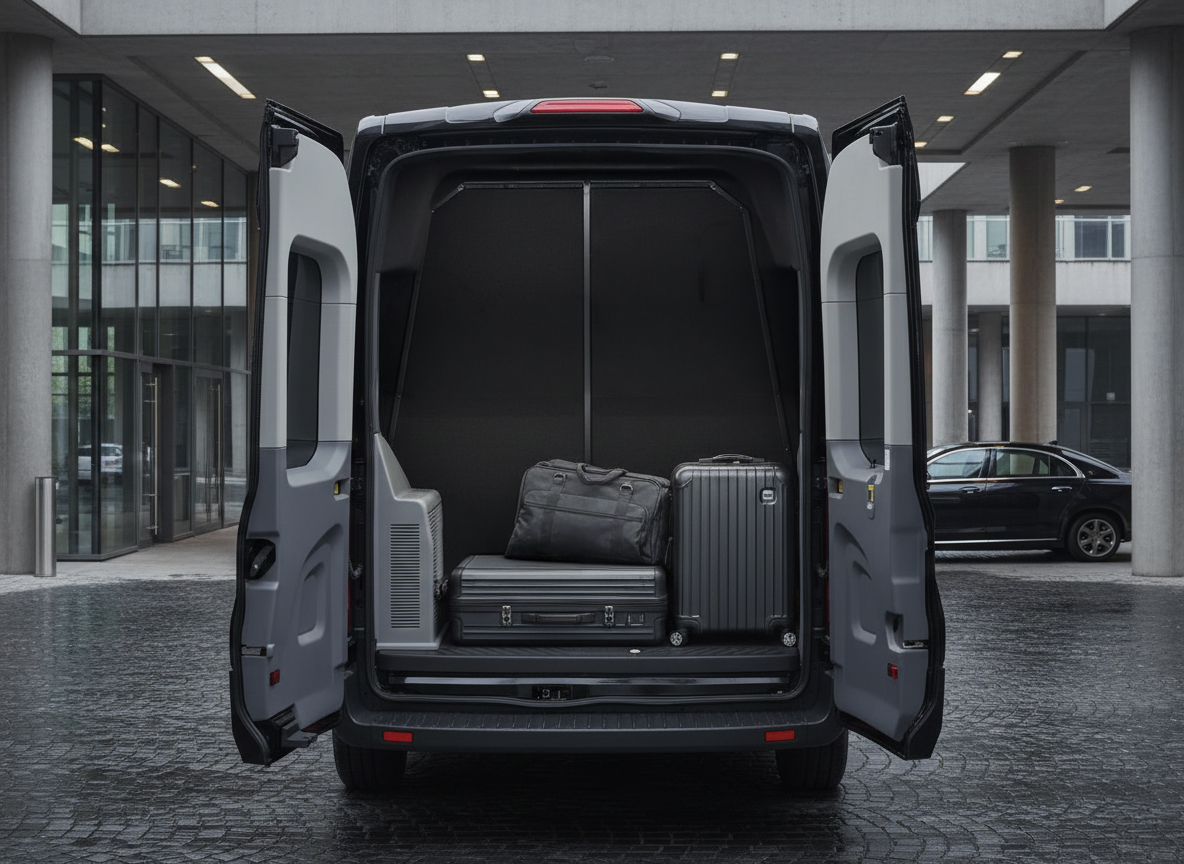Open rear of black Ford Transit Luxury van with three pieces of luggage inside: a black duffel bag, a black briefcase, and a black hard-shell suitcase.