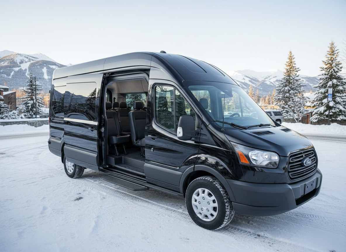 Black Ford Transit van with side door open parked on snowy ground with snow-covered pine trees and mountains in the background.
