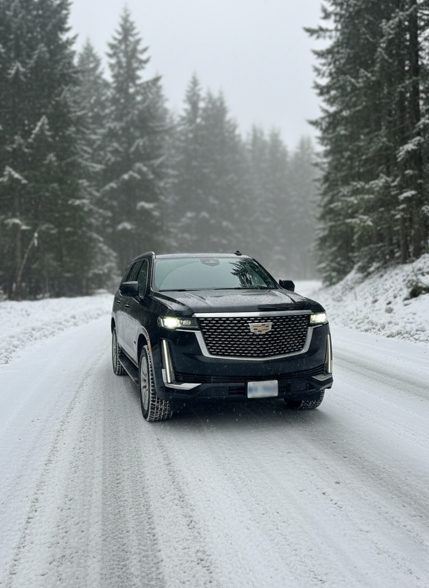 Black Cadillac Escalade luxury SUV driving on a snow-covered road surrounded by snow-dusted pine trees.