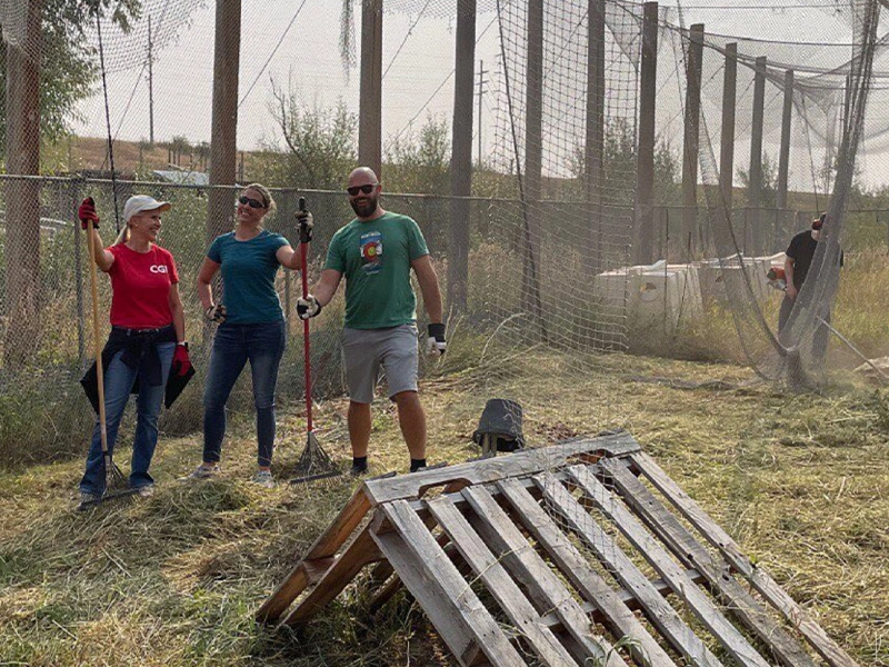 Three people standing outdoors with rakes on grassy land near a fence, appearing to take a break from yard work.