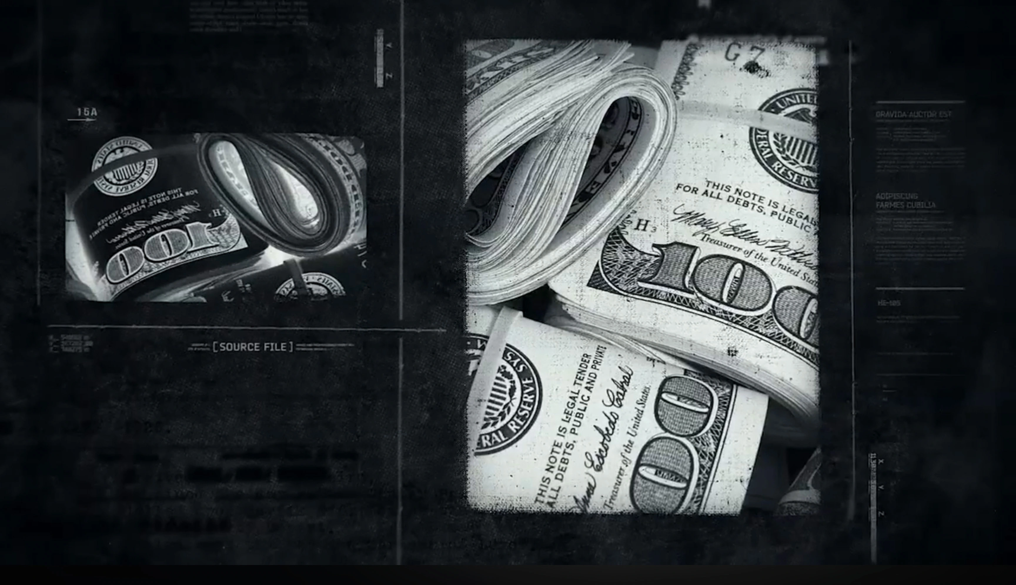 Black and white close-up of rolled US 100-dollar bills with a textured, framed overlay.