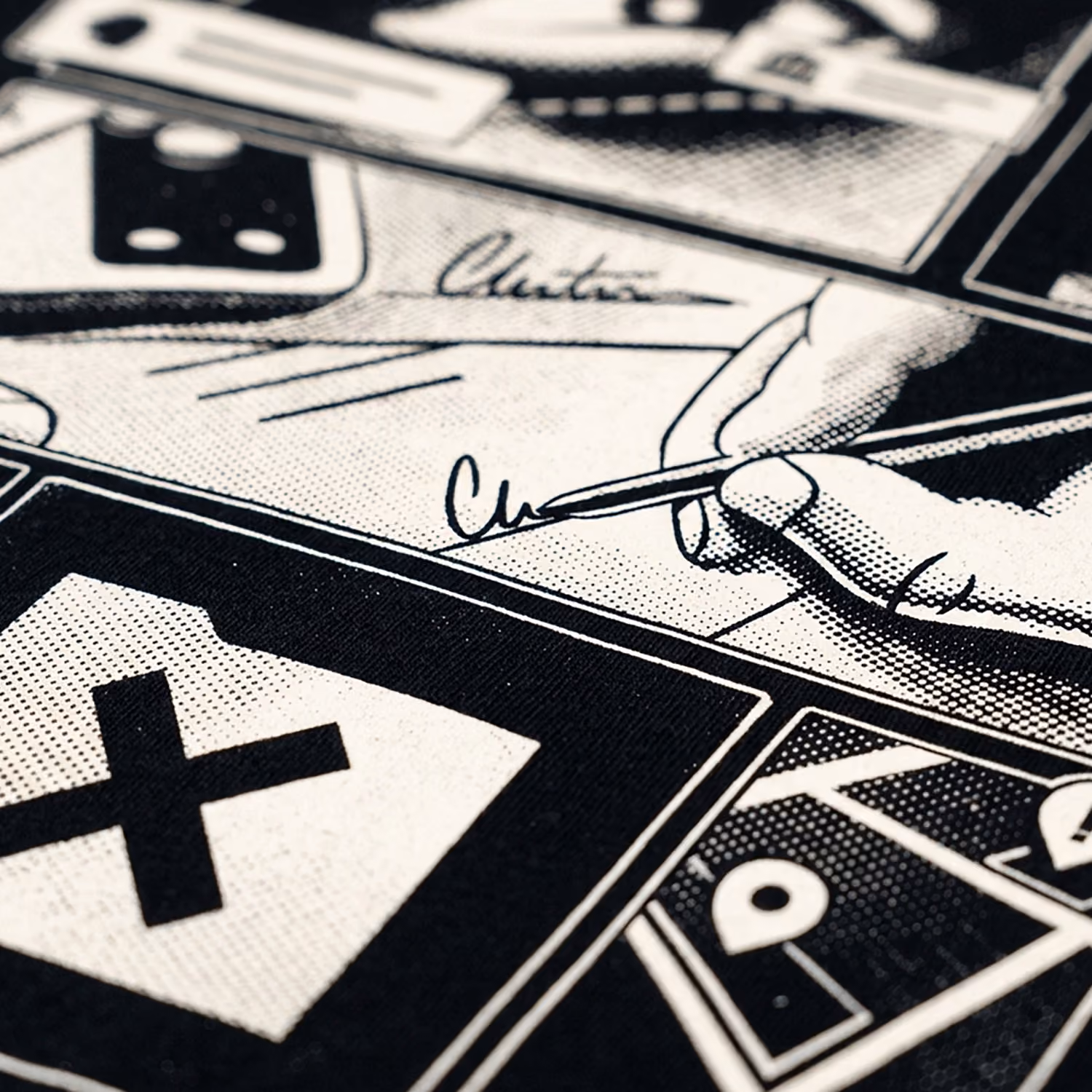 Close-up of hand drawing or signing on paper with comic-style thick black and white shading.