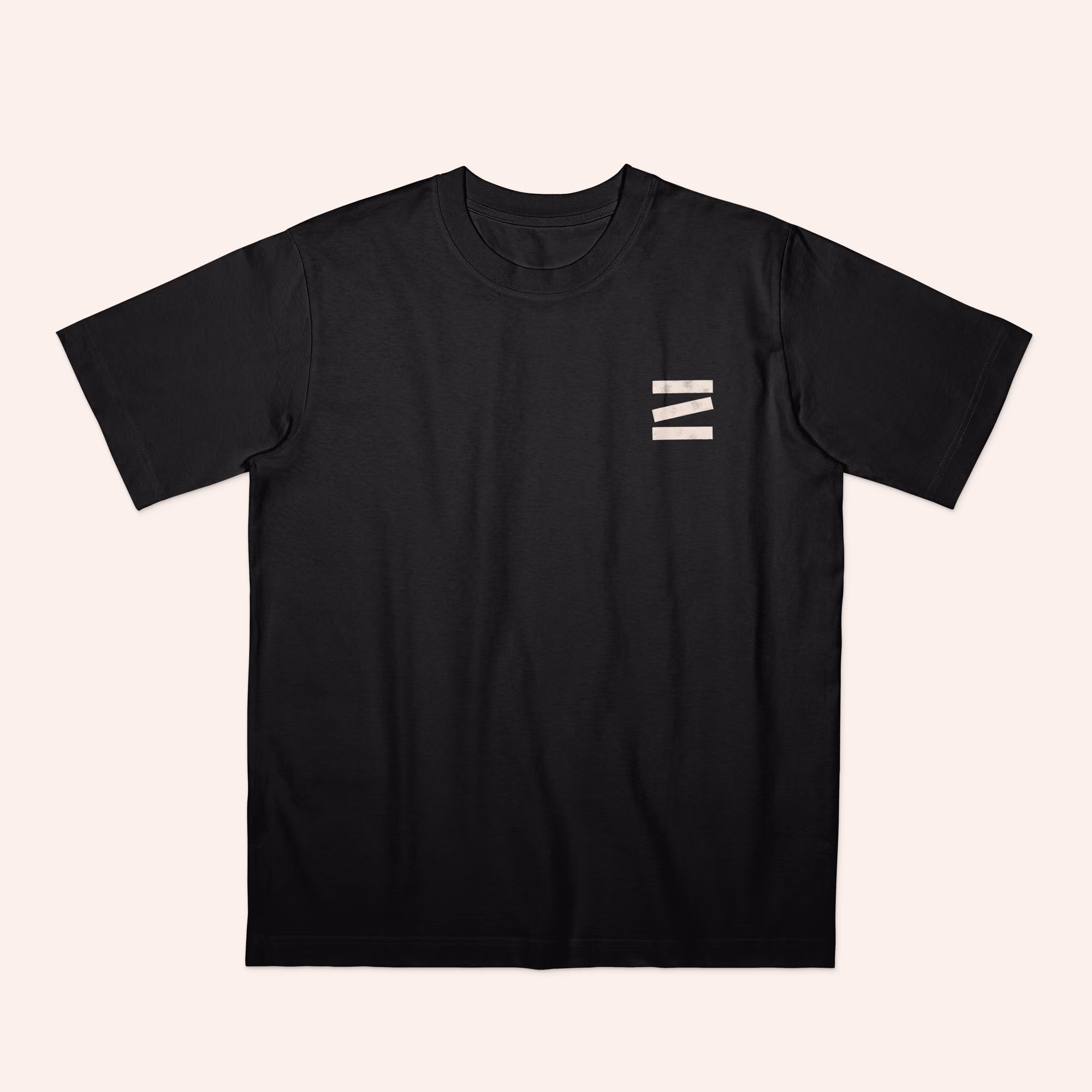 Black short-sleeve t-shirt with three horizontal white bars on the left chest.