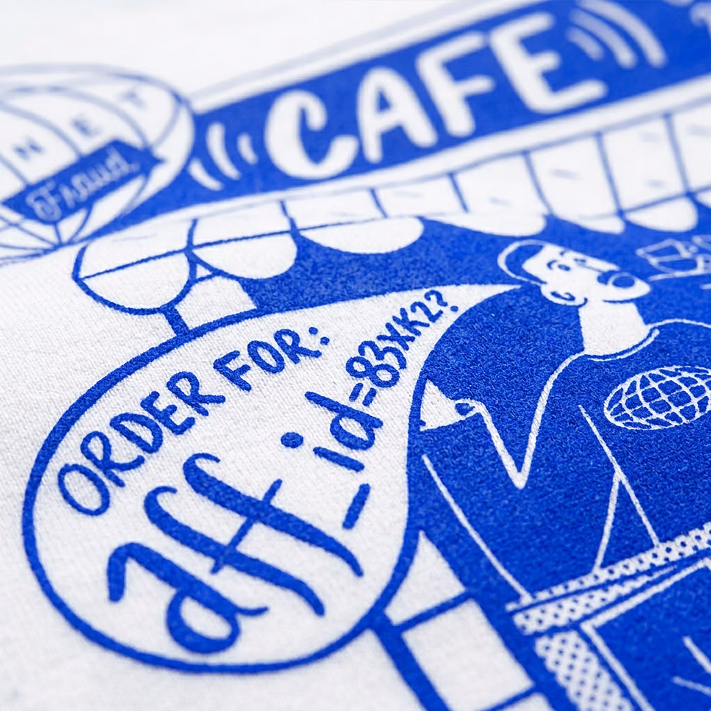 Blue graphic of a man at a cafe counter with speech bubble asking to order for aff_id=835xk22.