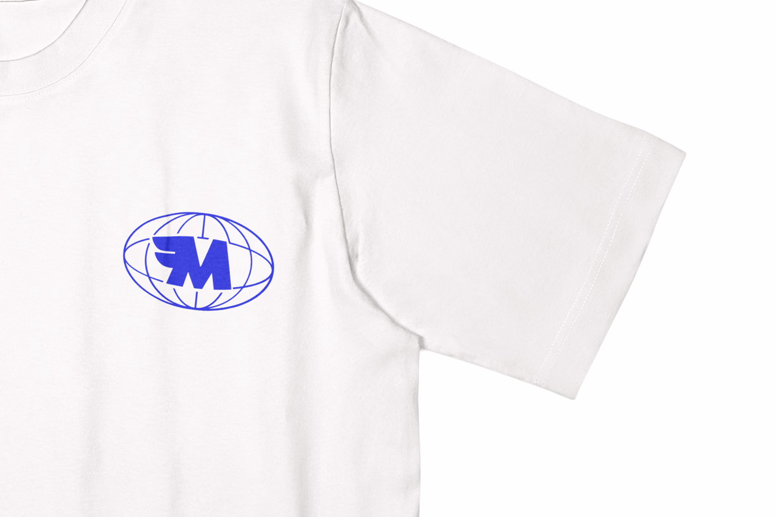 White T-shirt with a blue stylized M logo inside an oval globe design on the chest.