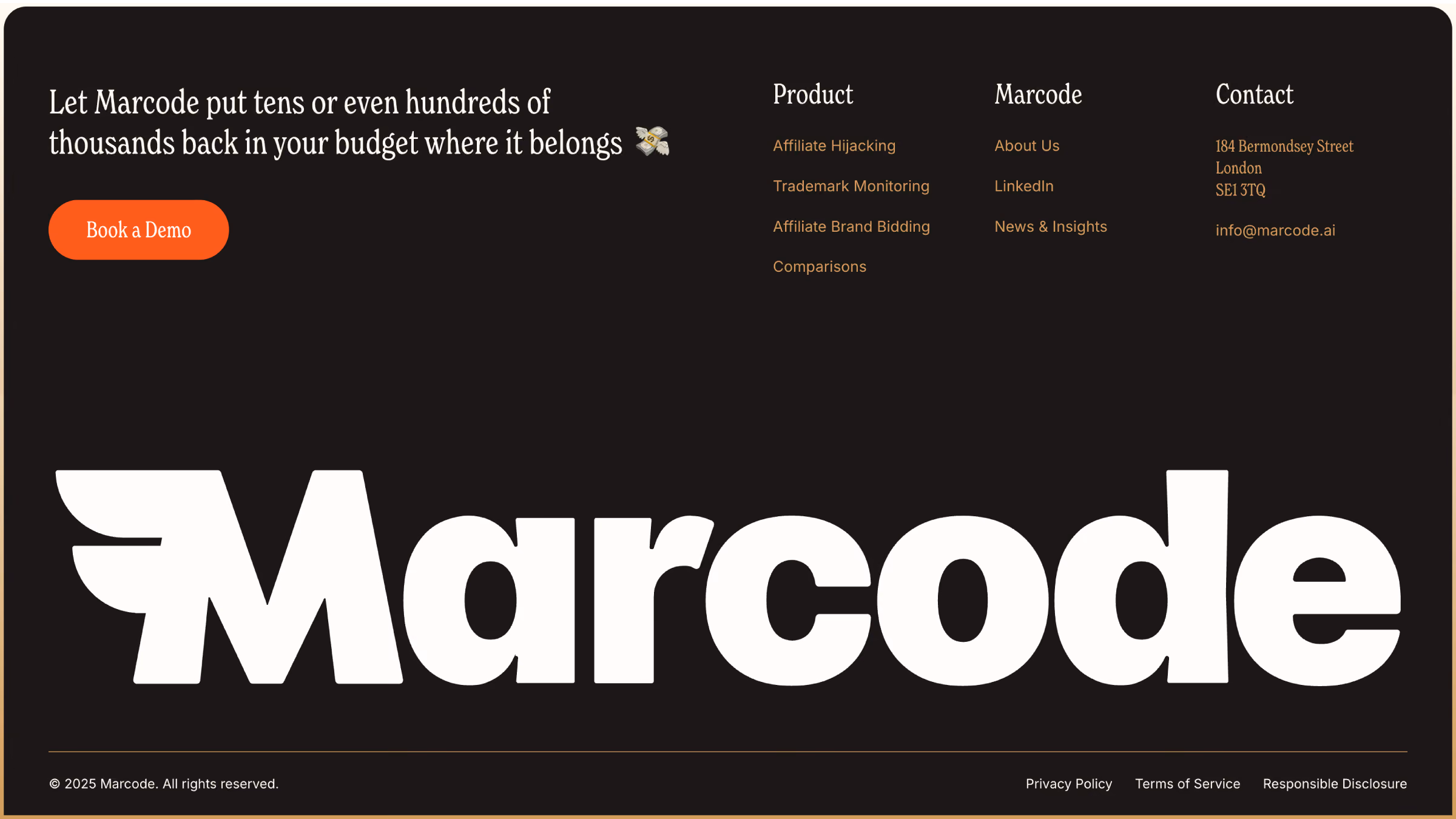 Marcode footer with budget-saving message, demo button, product and contact info on black background.