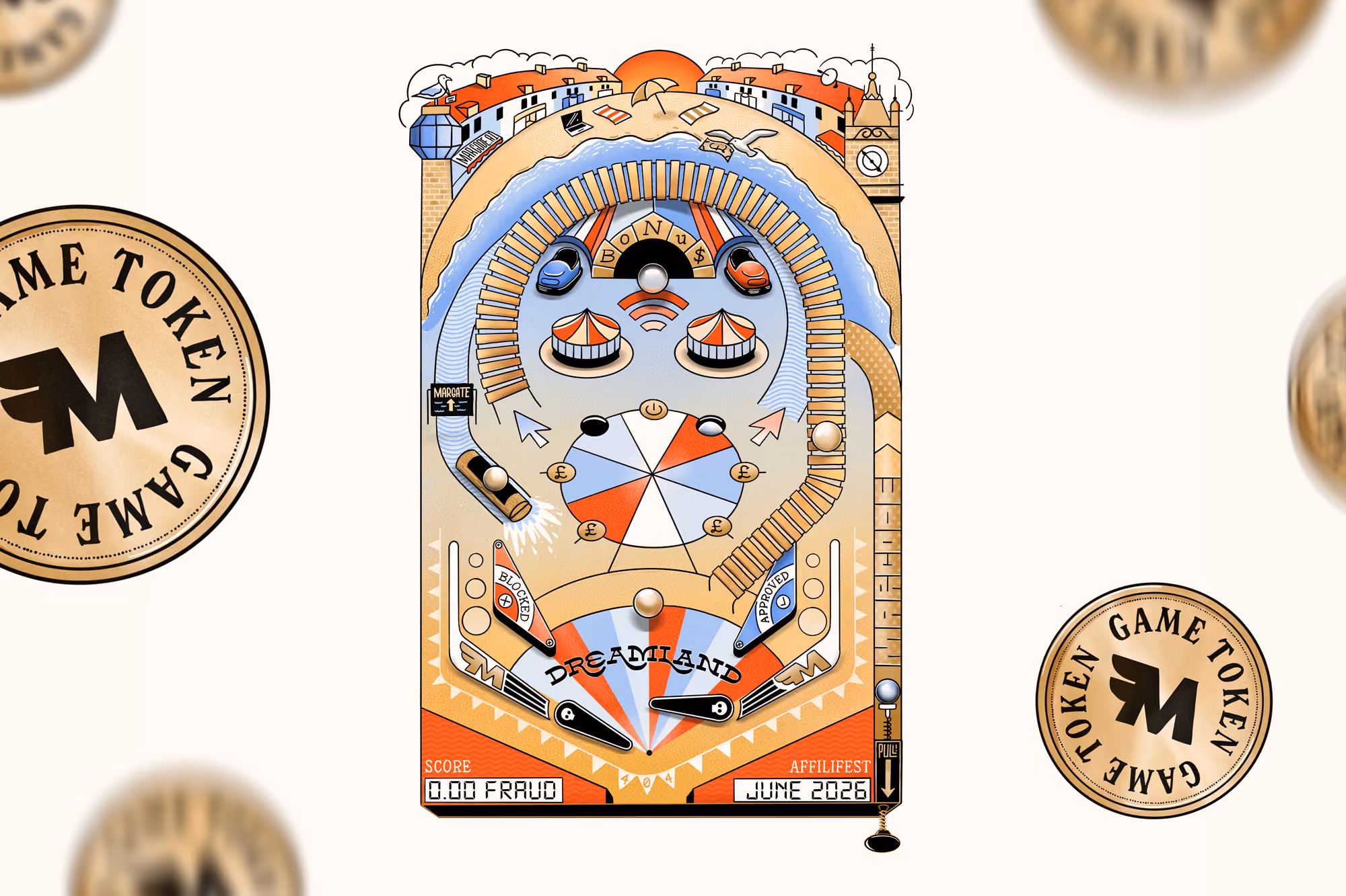Pinball machine design with a seaside town, beach, and text Dreamland, score 0.00, date June 2026.