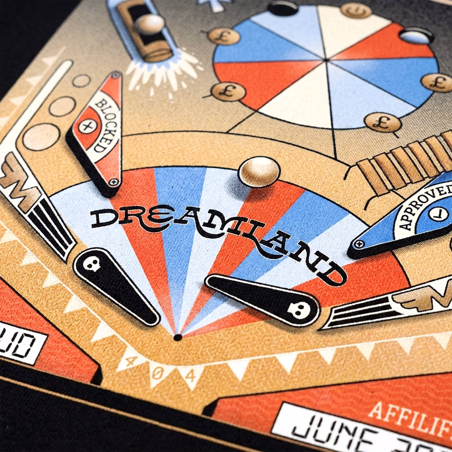 Close-up of a pinball machine section labeled Dreamland with colorful flippers and a small white ball.