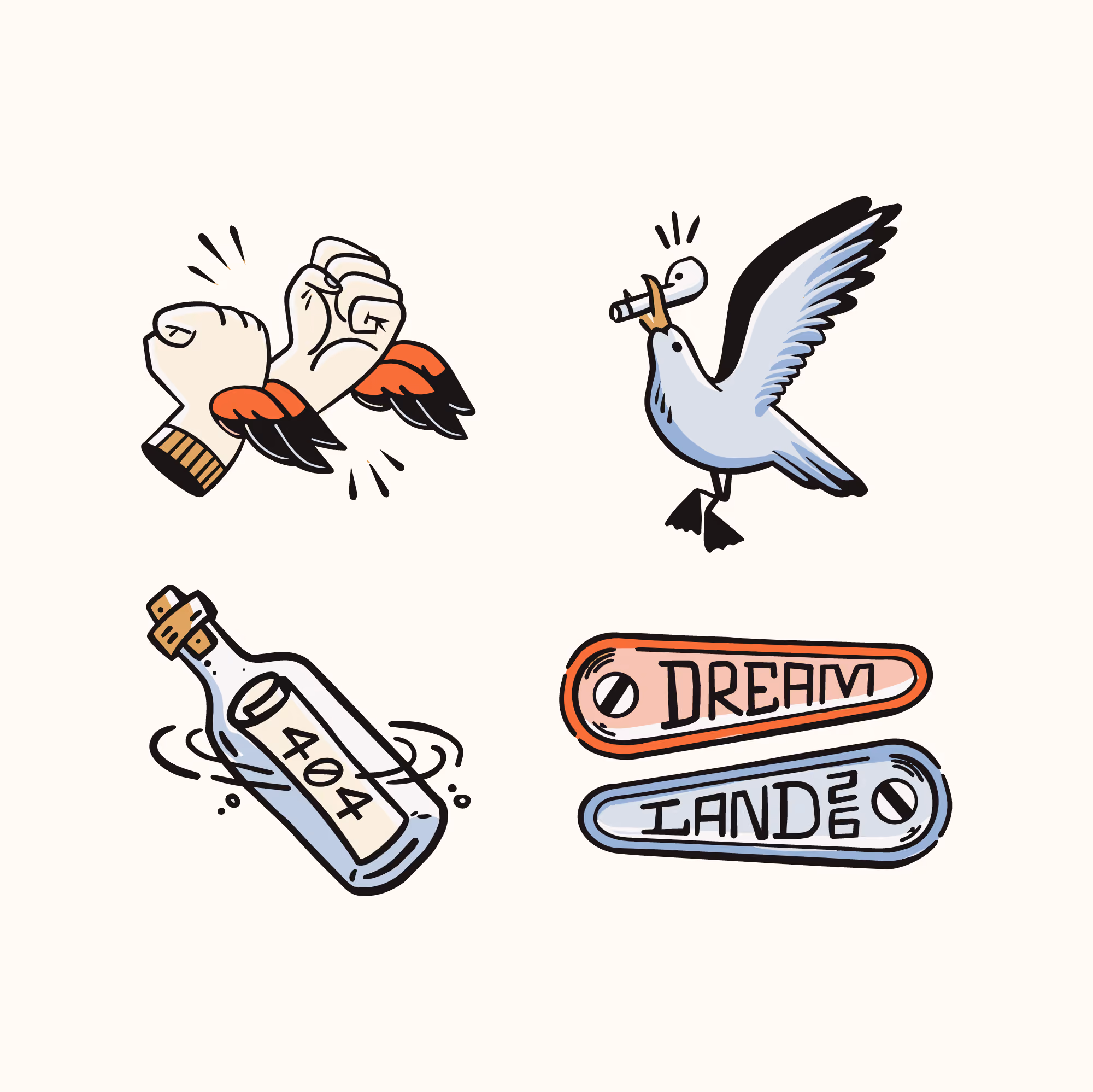 Four tattoo designs: hands with wings, bird with a key, bottle with 404, and Dreamland hotel tags.