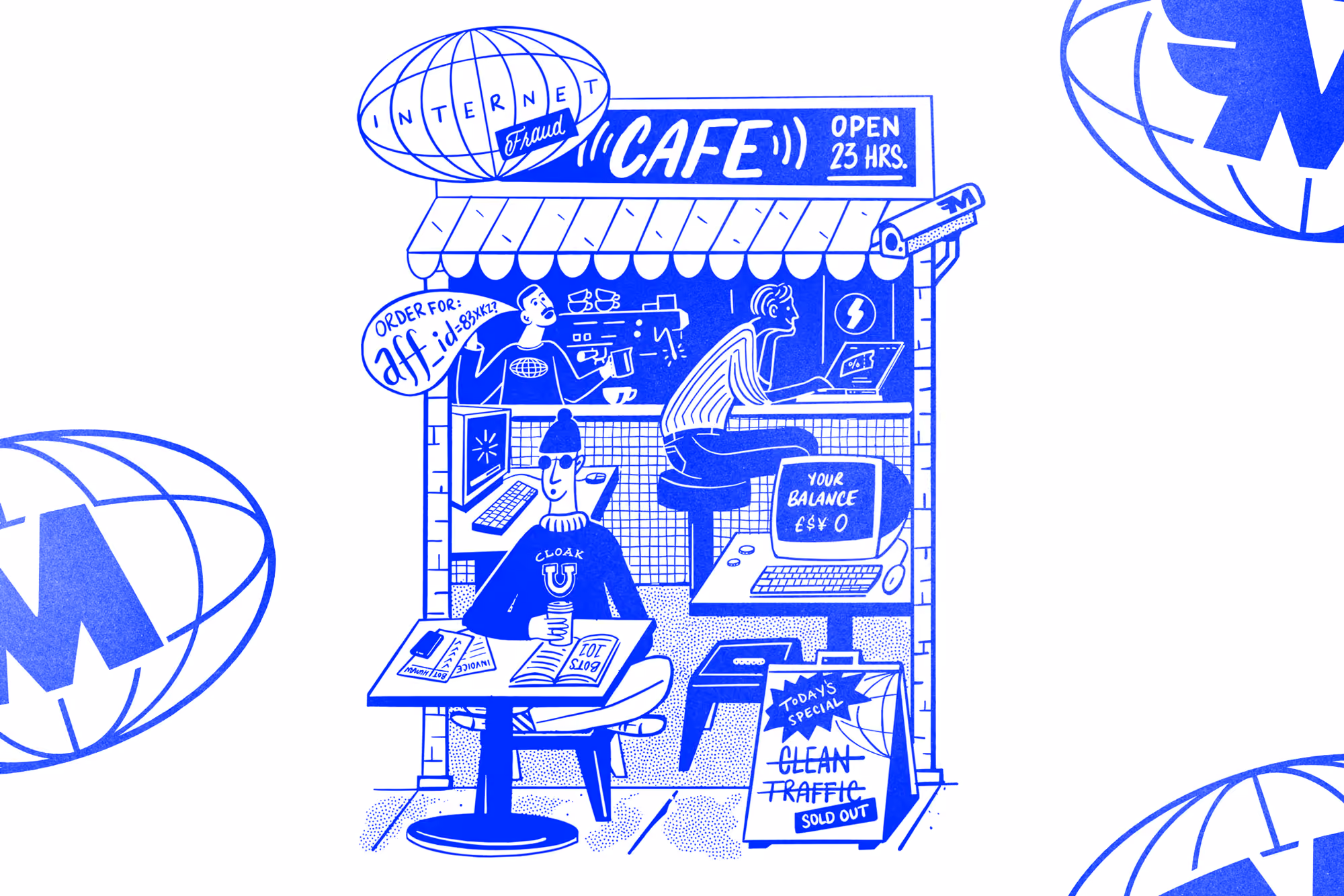 Cartoon of an Internet fraud café with customers, computers, and a sign saying clean traffic sold out.