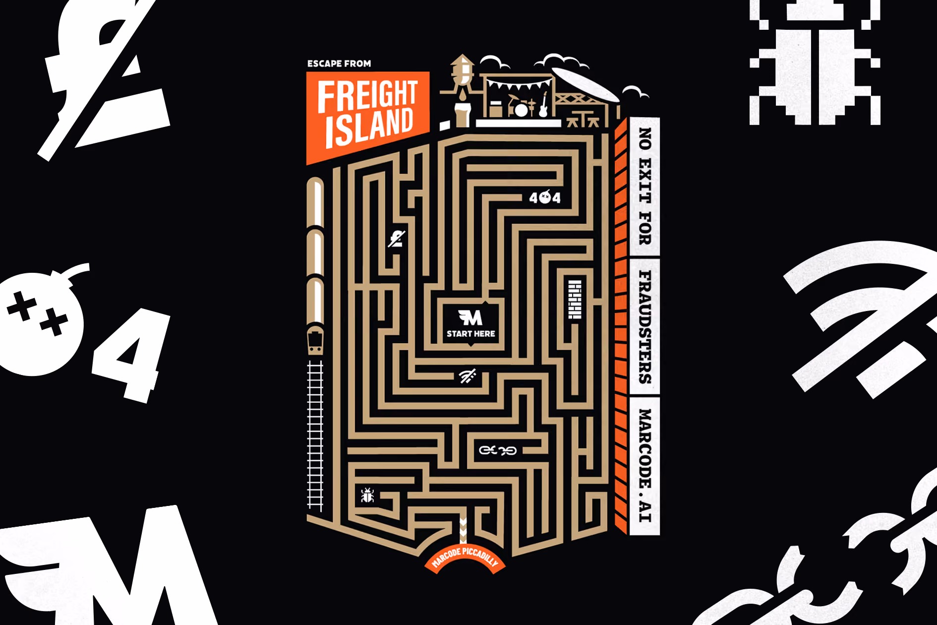 Maze titled Escape from Freight Island with start point, obstacles, and exit for fraudsters Marcocode AI.