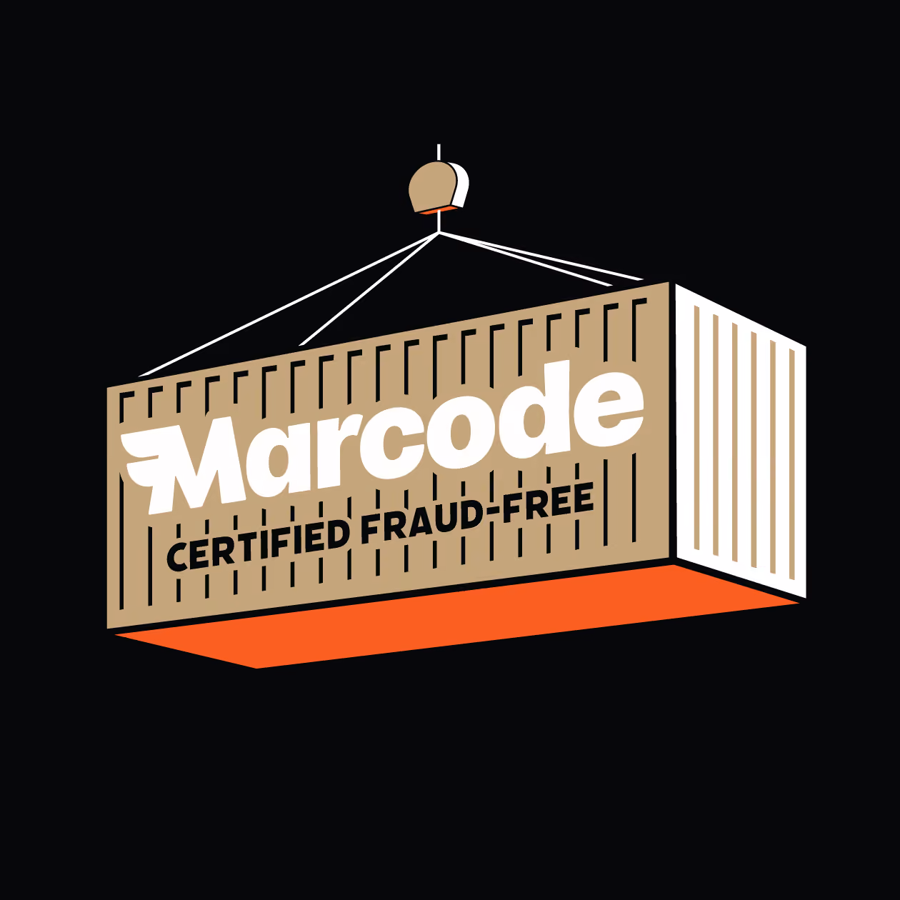 A shipping container with the text Marcode Certified Fraud-Free hanging by cables on a hook.