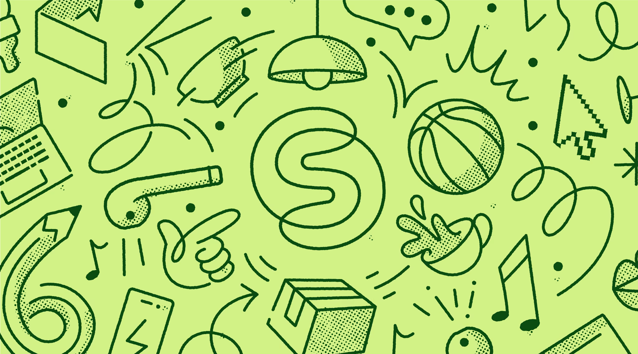 Green background with dark green hand-drawn icons: basketball, box, laptop, thumbs up, and music notes.