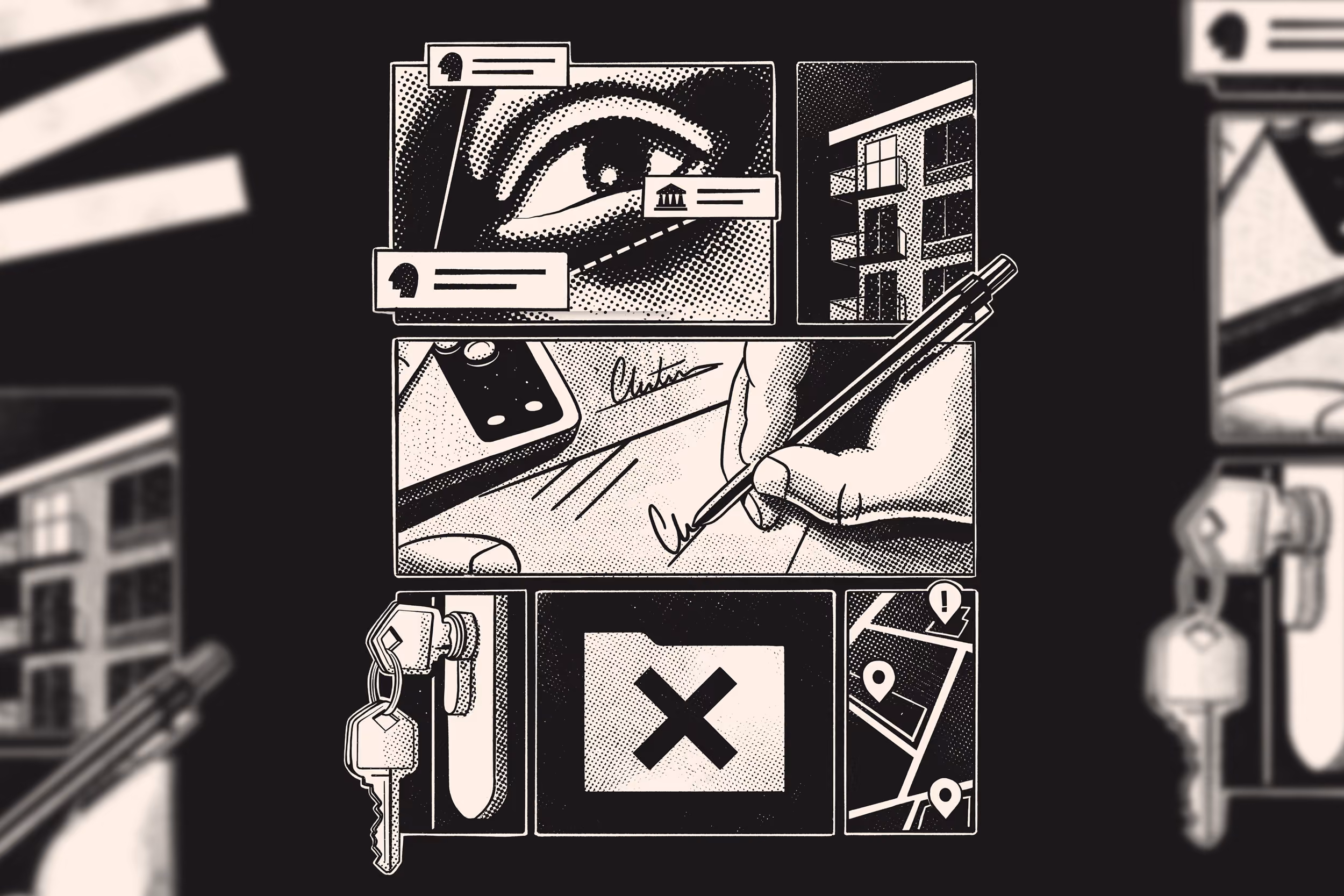 Graphic showing surveillance eye, building, signature signing, keys in door, folder with X, and map with location markers.