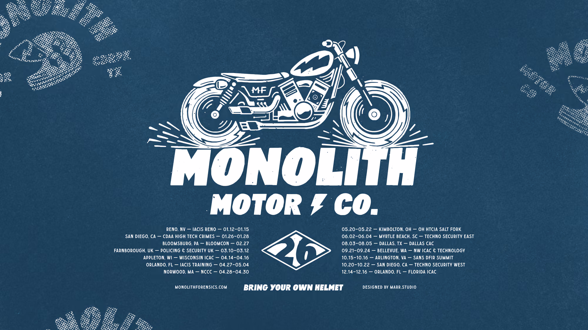 Monolith Motor Co. logo with motorcycle illustration and event dates on blue textured background.