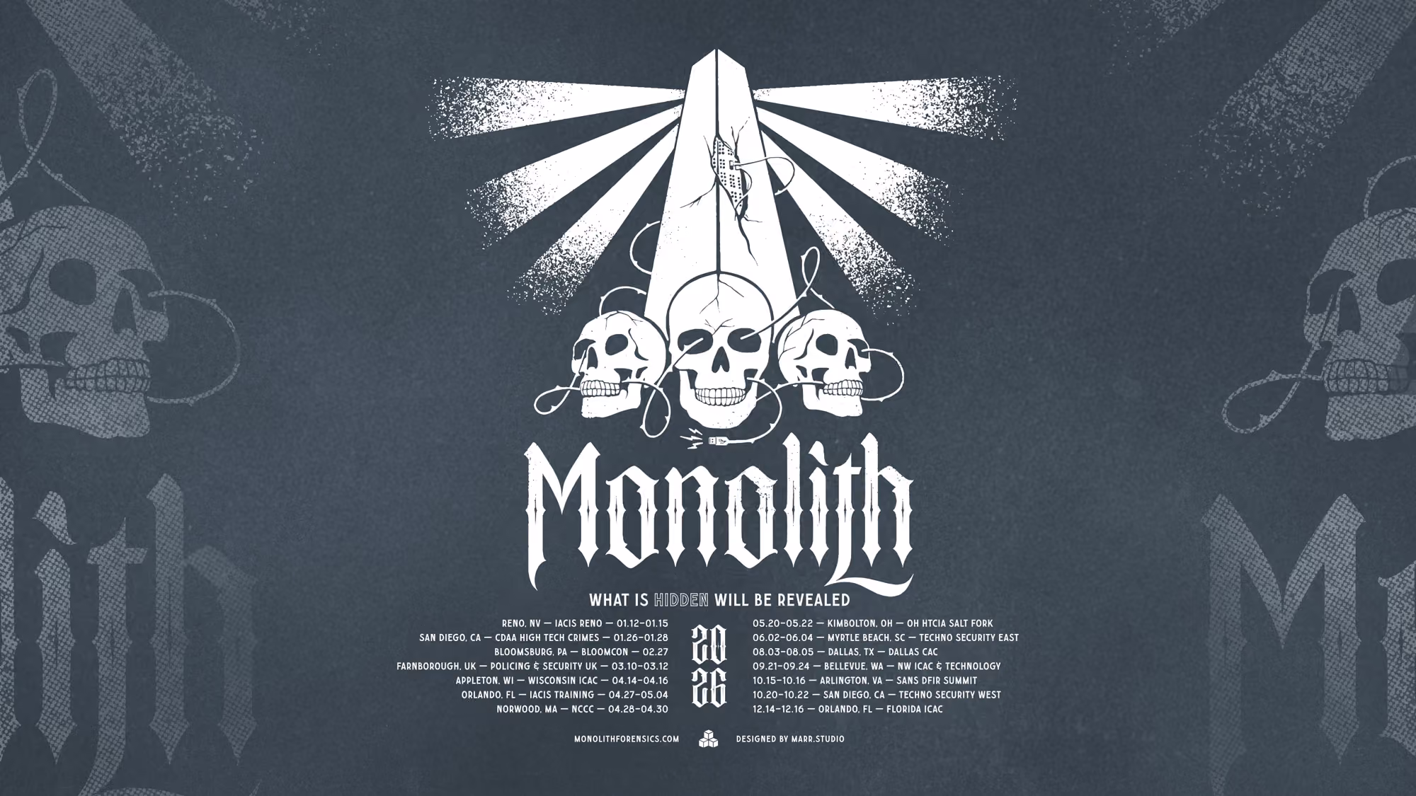 Three skulls with cords connected to a cracked monolith emitting light rays, with Monolith tour dates listed below.