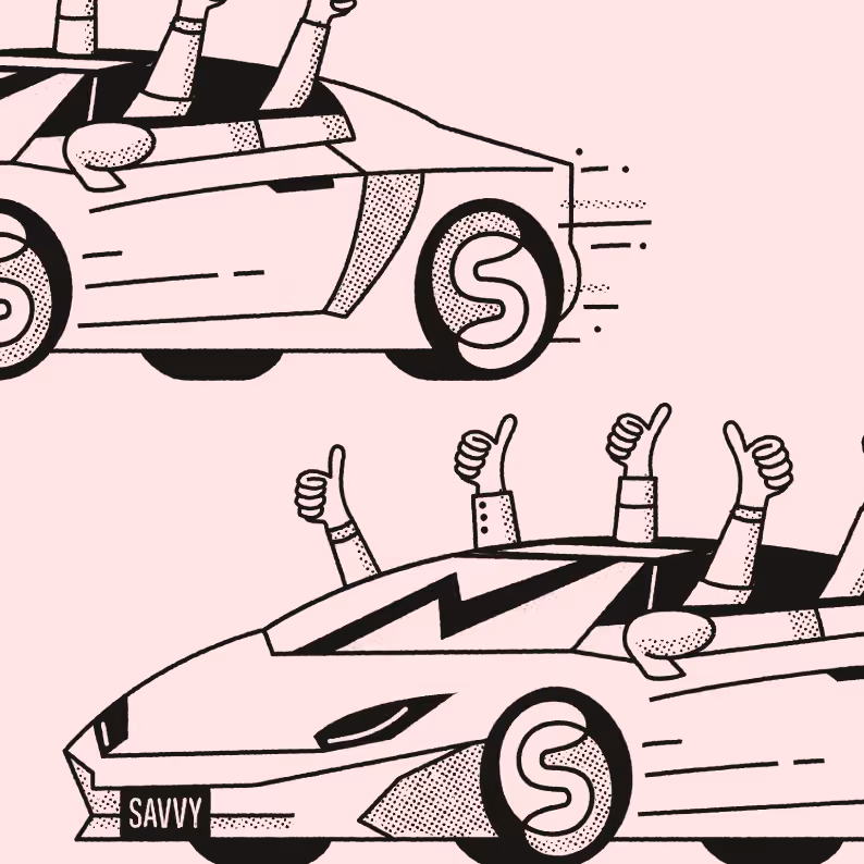Two stylized sports cars with multiple hands showing thumbs up from inside the cars.