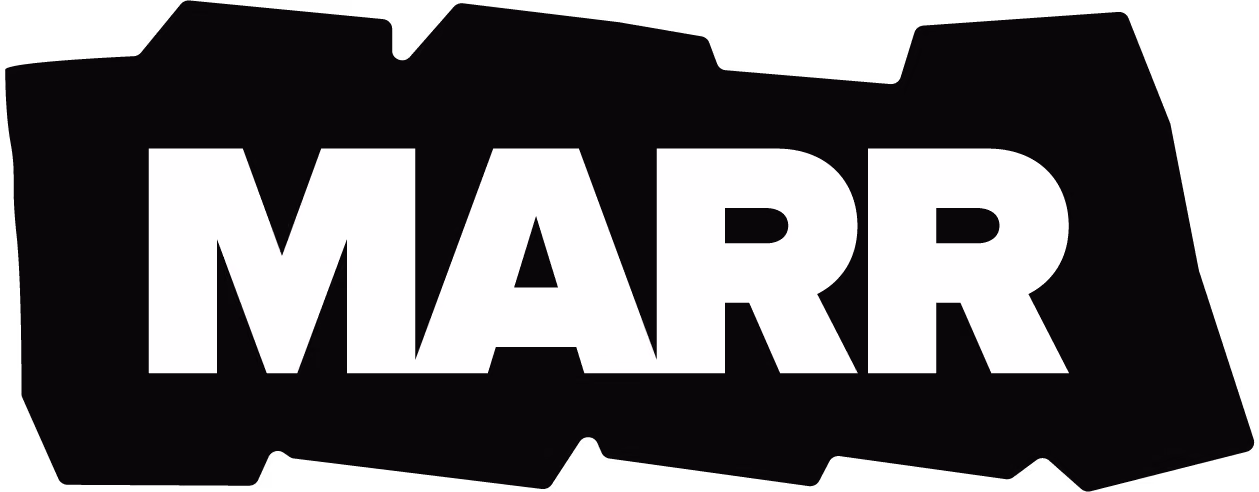 Bold white letters spelling MARR on an irregular black background.